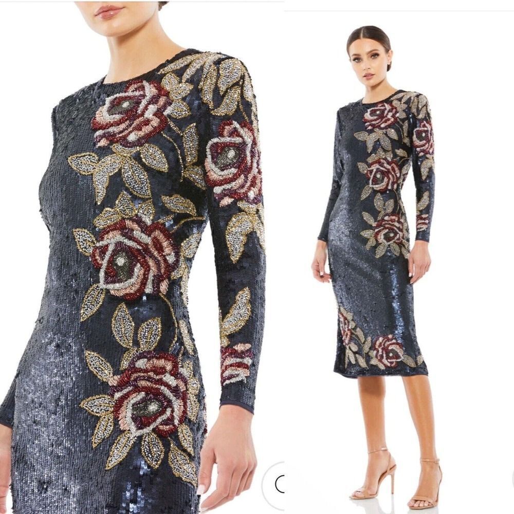 MAC DUGGAL Sequin Beaded Long Sleeve Evening Dress Floral Rose Navy Sz 10 NWT